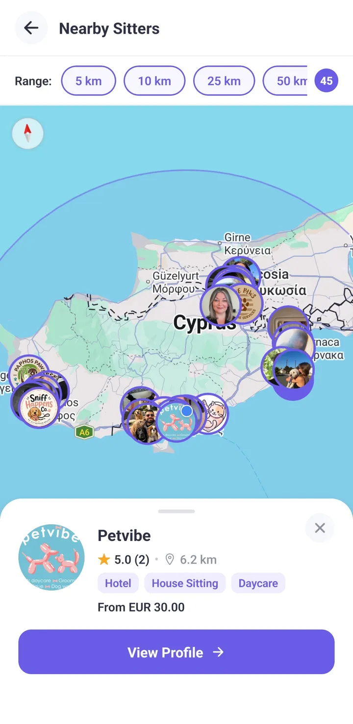 Petsly app search results showing verified pet sitters across Cyprus
