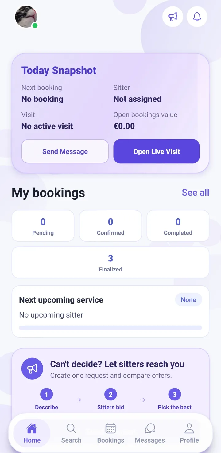 Petsly owner dashboard showing today's booking snapshot and recent bookings