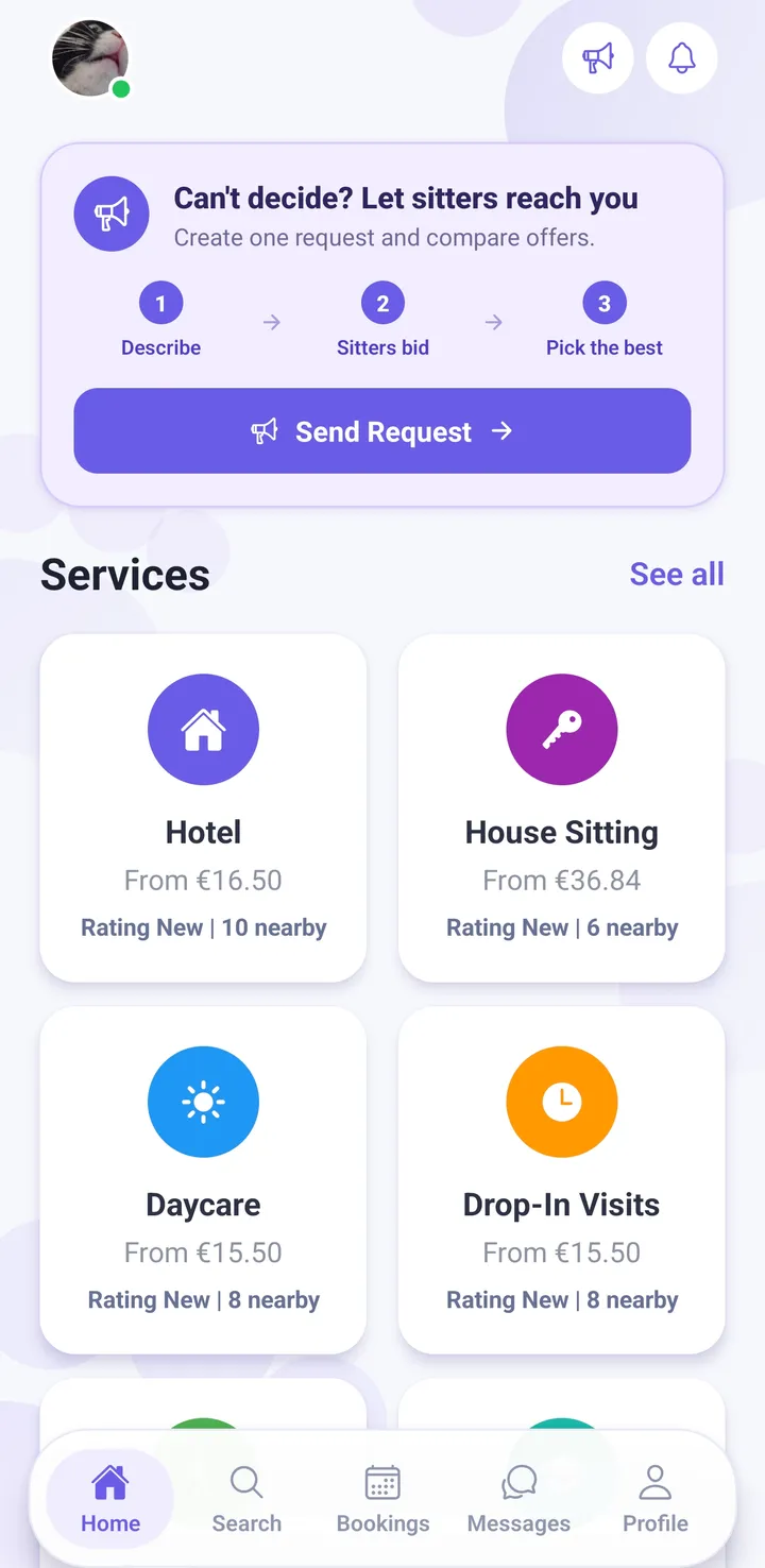 Petsly owner home screen showing pet care services and broadcast request