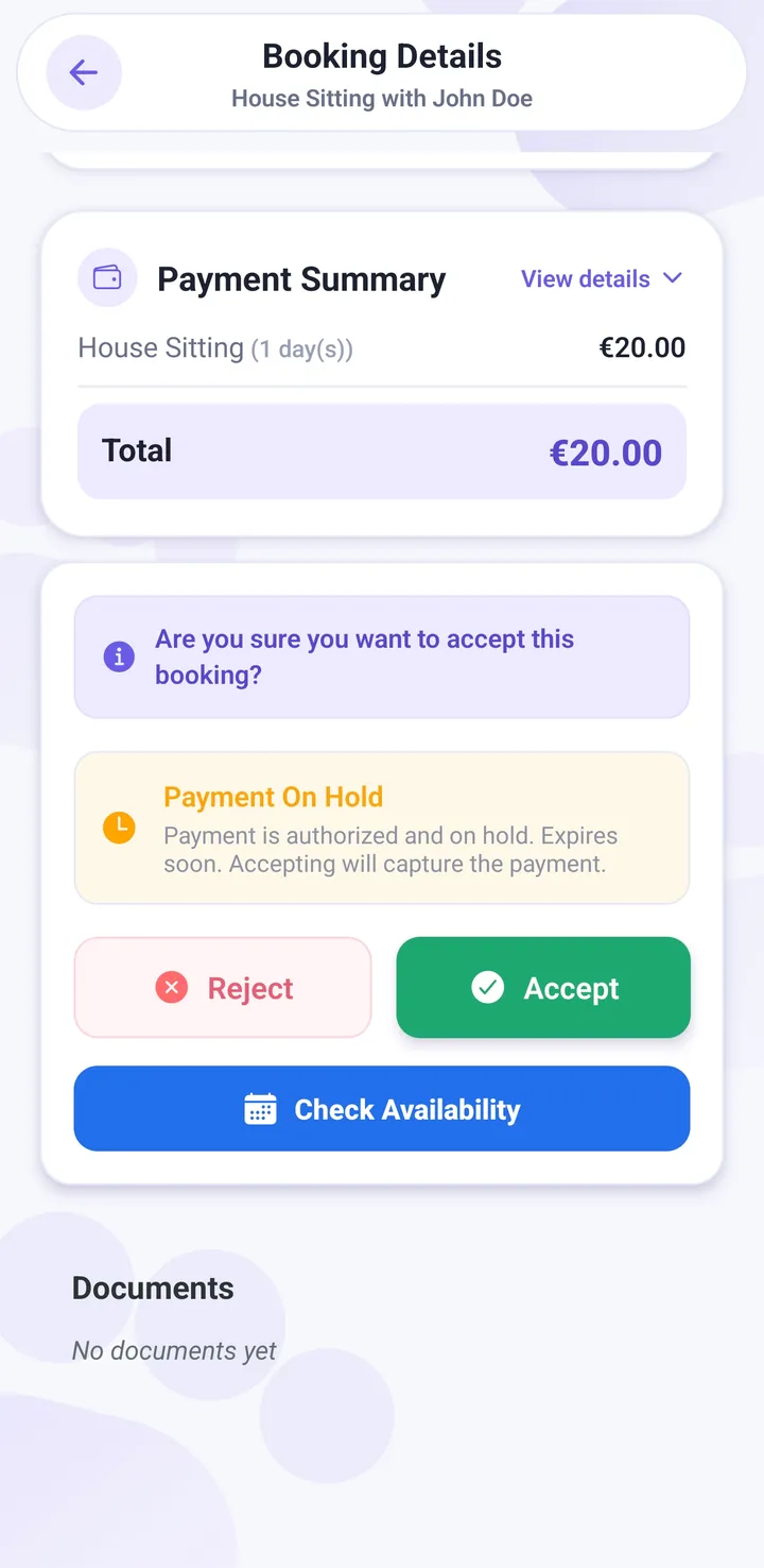 Petsly business booking acceptance with payment on hold via Stripe