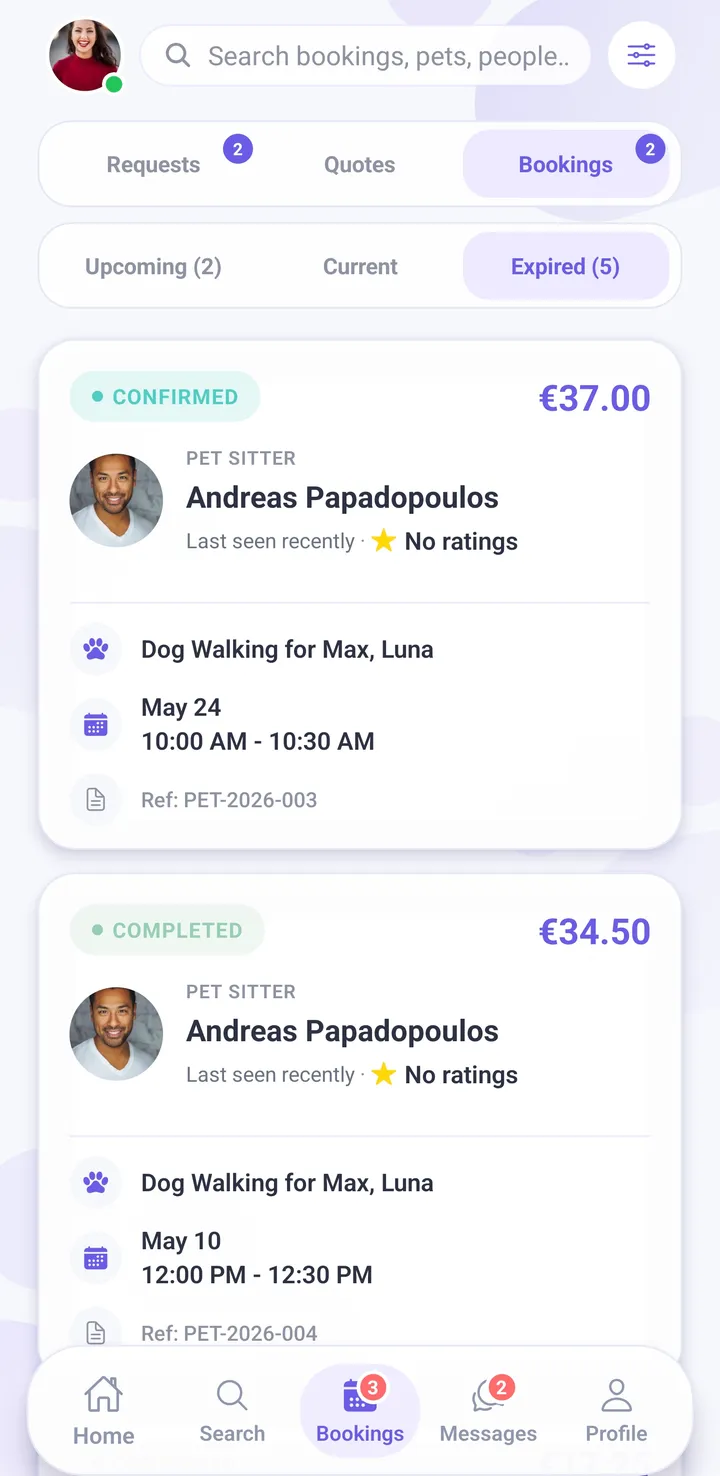 Petsly business bookings list across requests, quotes and confirmed bookings